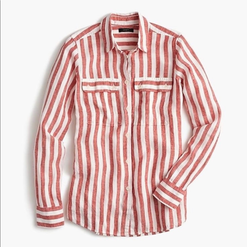 ✨ J. Crew Women's Red/White Large Striped Button Up Linen Shirt ✨